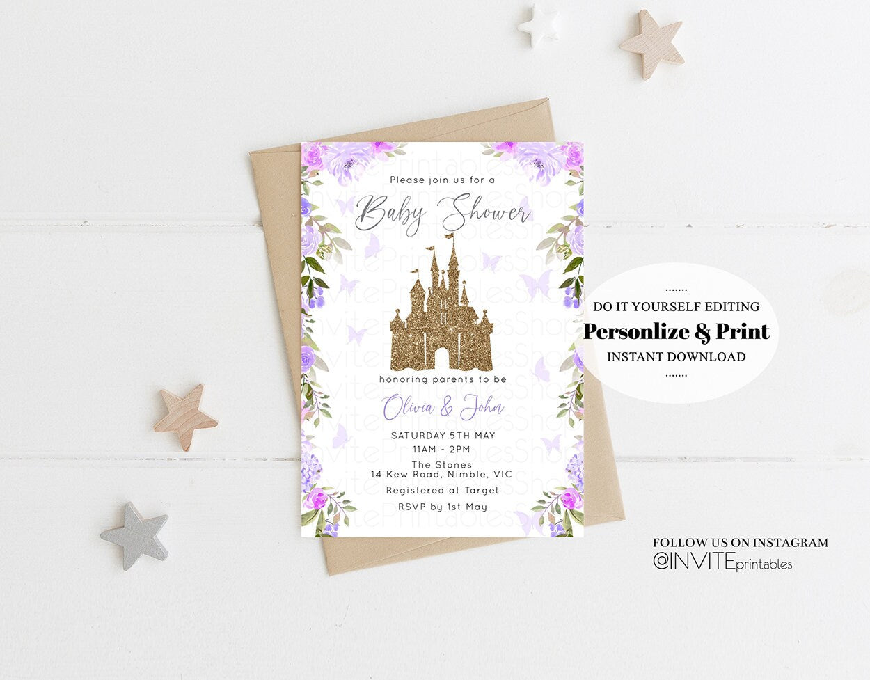 Princess Baby Shower Castle Invitation Disney Invitation Glitter Pastel Florals Secret Garden Enchanted Castle Magical Butterflies Flutters