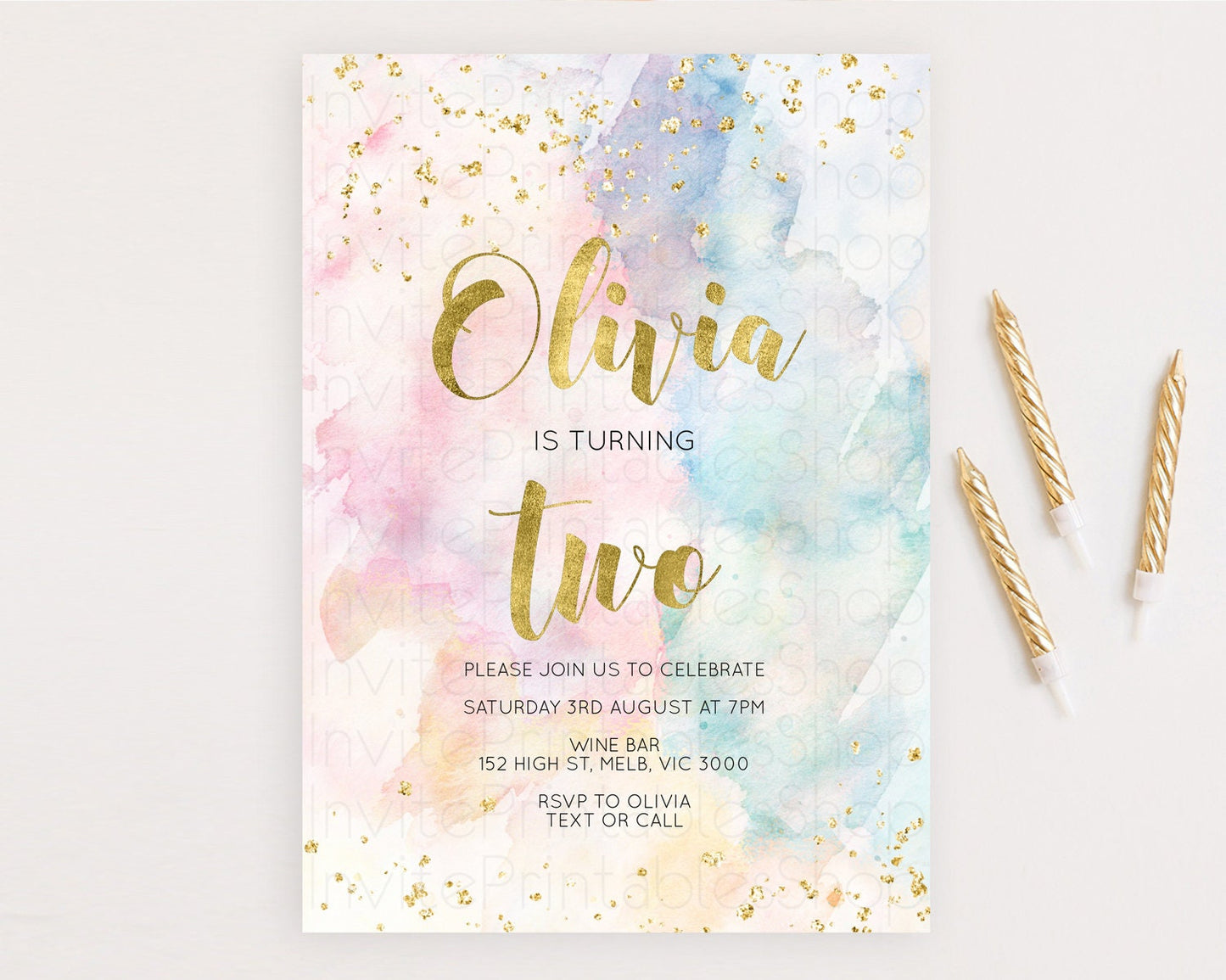 Rainbow Birthday Invitation Colorful Pastel Watercolor Invitation Gold Glitter Sprinkles Ombre Pastel 1st 2nd 3rd Birthday D10265