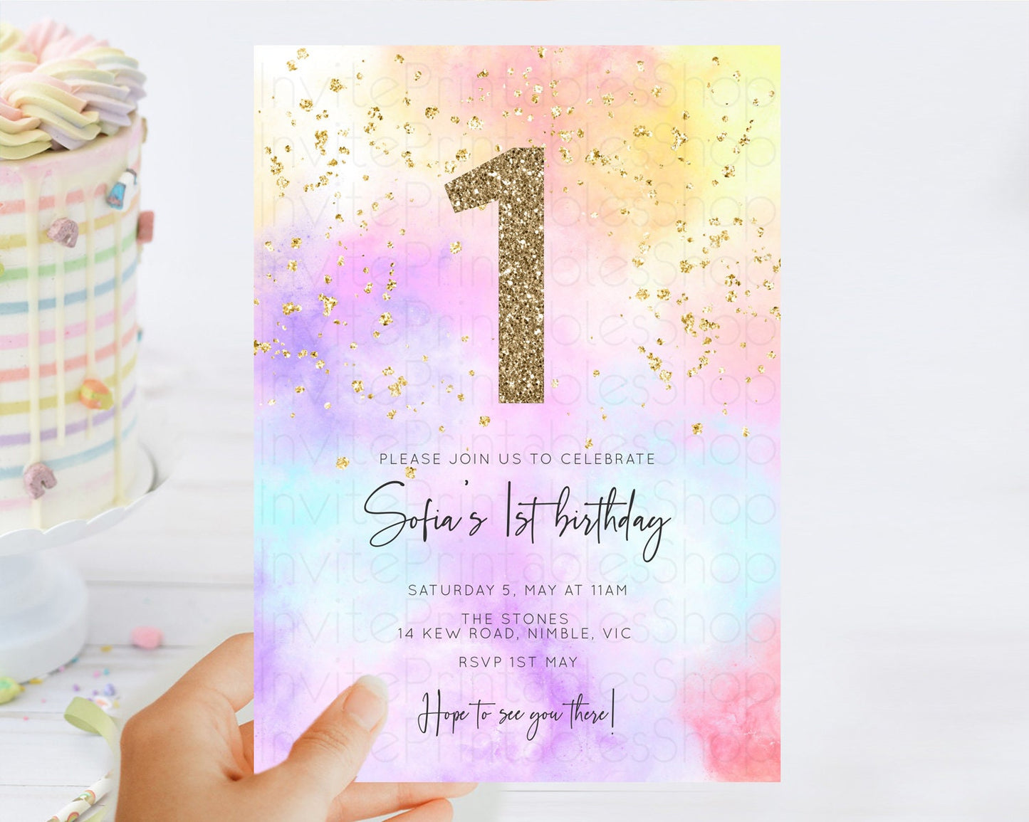 Rainbow Birthday Invitation Colorful Pastel Watercolor Invitation Gold Glitter Sprinkles Ombre Pastel 1st 2nd 3rd Birthday D10437