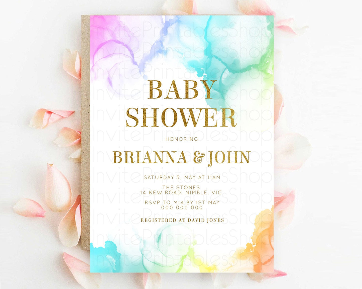 Pastel Rainbow Baby Shower Invitation, Gender Reveal Colorful Watercolor with Gold Glitter Sprinkles, Ombre Blue, Pink, Orange D10181