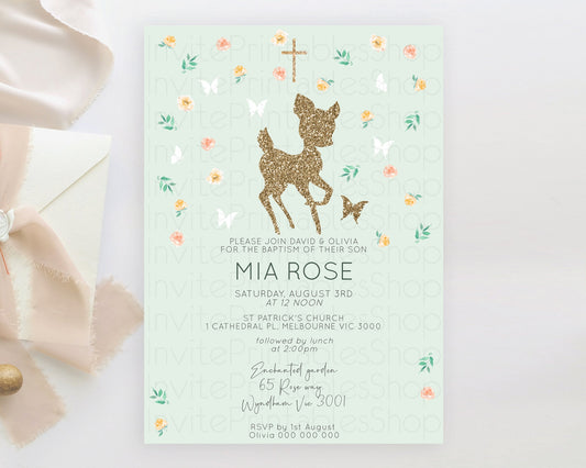 Fawn Baptism Invitation Deer Baptism 1st Birthday Invitation Enchanted Forest Christening Invitation Pastel Garden Butterfly Floral D10385