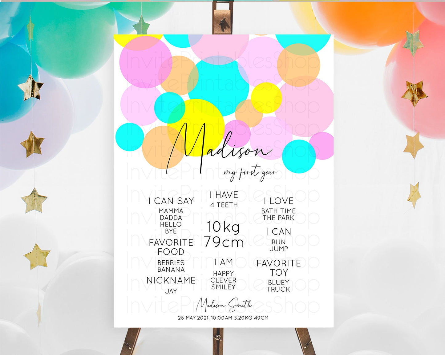 Pastel First Birthday Milestone Poster Pastel Rainbow Confetti First Birthday Milestone Board Colorful Bubbles Birthday Welcome Sign D10896
