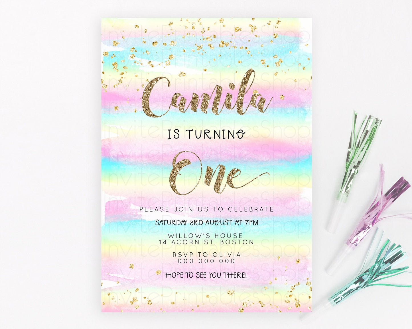 Editable Rainbow Birthday Invitation Colorful Pastel Watercolor Invitation G