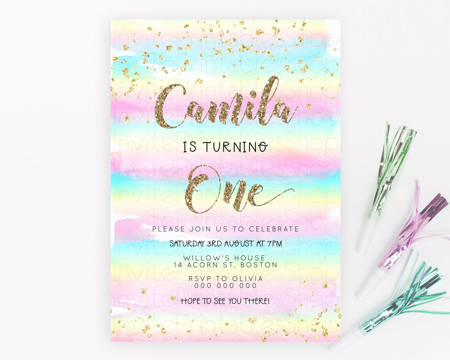Editable Rainbow Birthday Invitation Colorful Pastel Watercolor Invitation G
