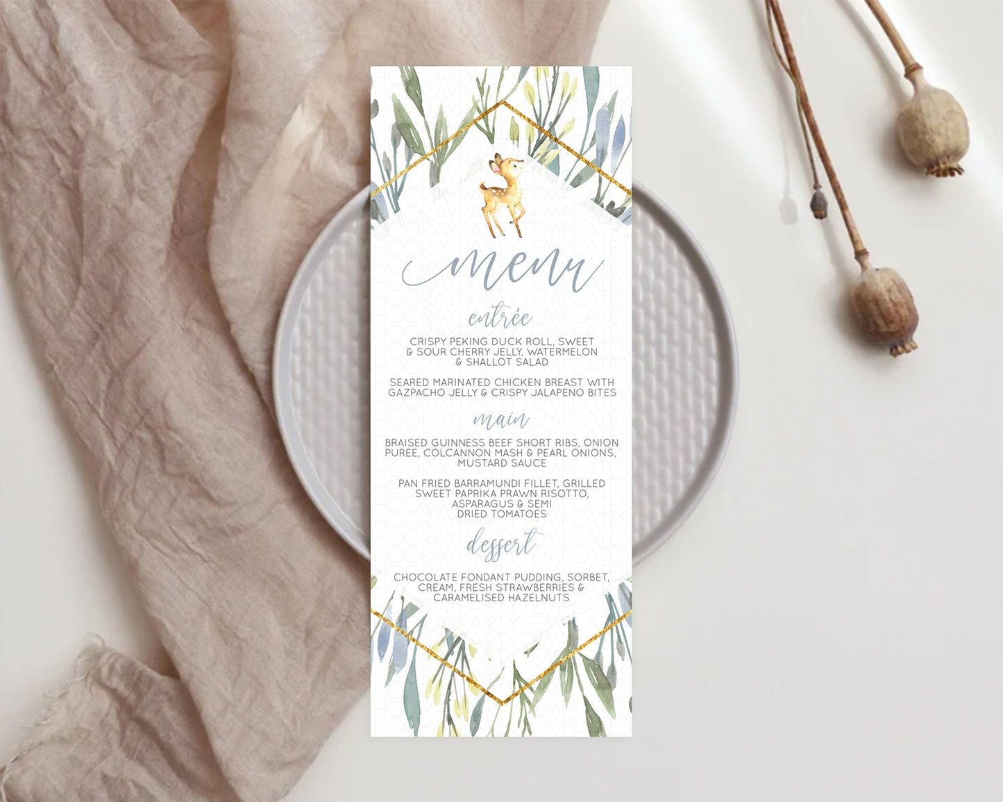Fawn Menu Deer Menu Template Pastel Floral Deer Table Decor Enchanted Forest Butterfly Floral Dinner Dessert Menu Party Food Menu D10400