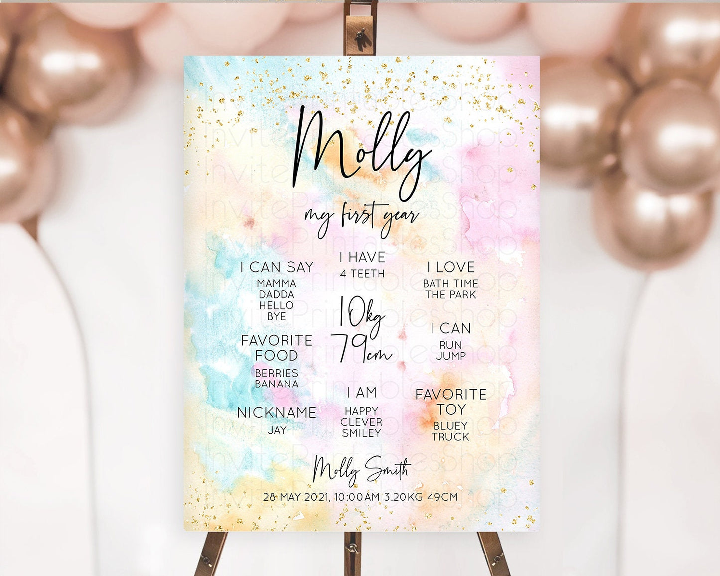 Pastel First Birthday Milestone Board Pastel Rainbow Milestone Poster Colorful Confetti Watercolor Glitter 1st Birthday Welcome Sign D10548