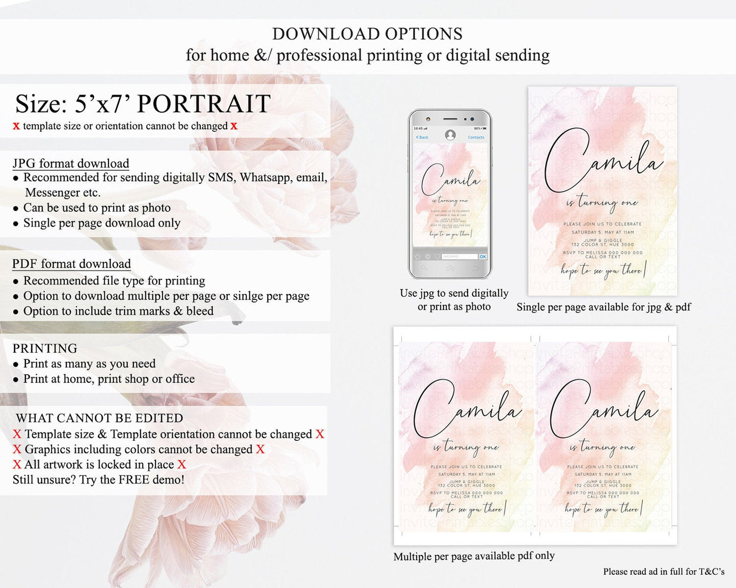 Pink Birthday Invitation pink Watercolor Invitation Pastel pink Watercolor Invitation pink Splash Gold Invitation 1st First Birthday D10164