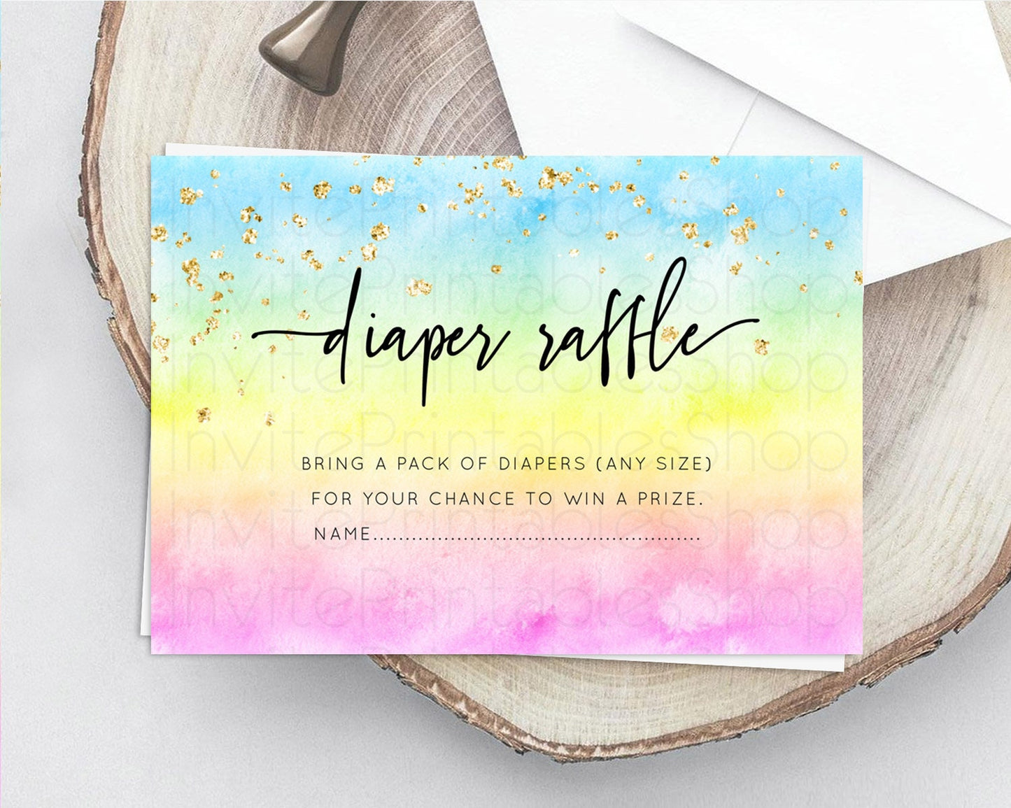 Pastel Diaper Raffle Card Pastel Rainbow Diaper Raffle Insert Colorful Ombre Watercolor Diaper Ticket Confetti Glitter Raffle Game D10480