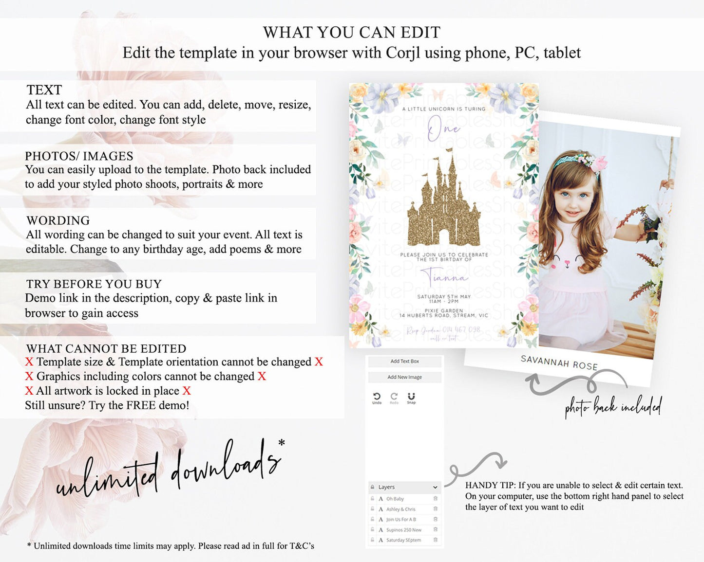 Princess Birthday Invitation Castle Invitation Royal Birthday Fairy Tale Enchanted Castle Pastel Floral Garden 1st First Birthday D10469