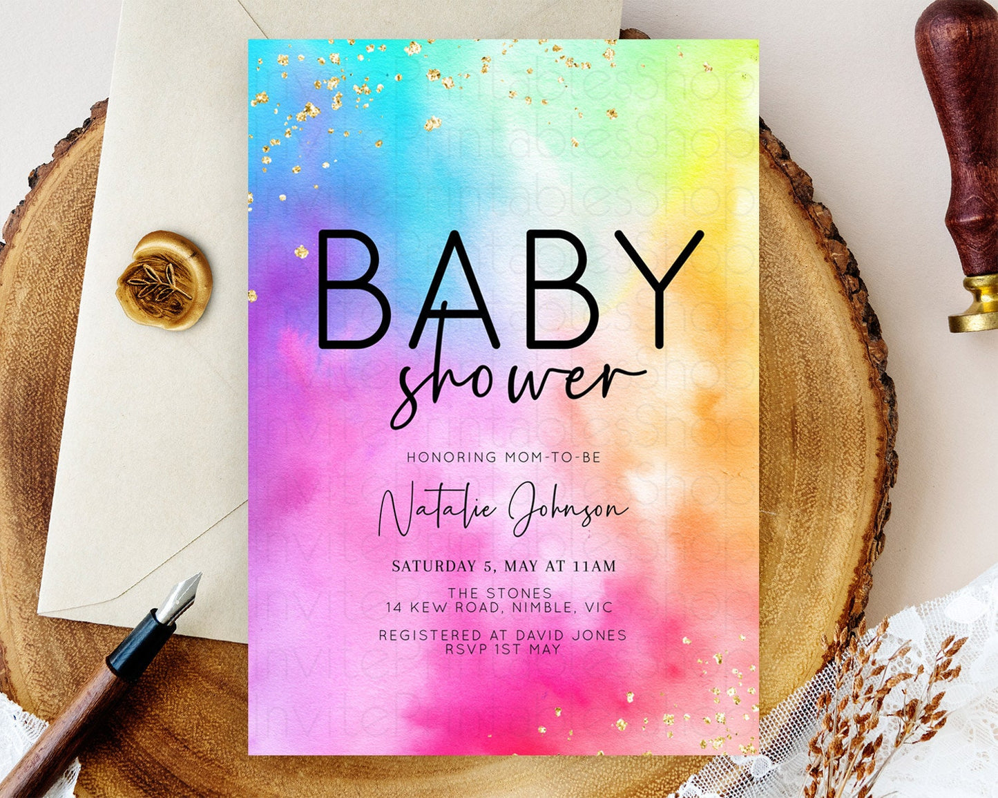 Pastel Baby Shower Invitation Rainbow Baby Shower Invitation Colorful Pastel Watercolor Invitation Gold Glitter Sprinkles Ombre D10456