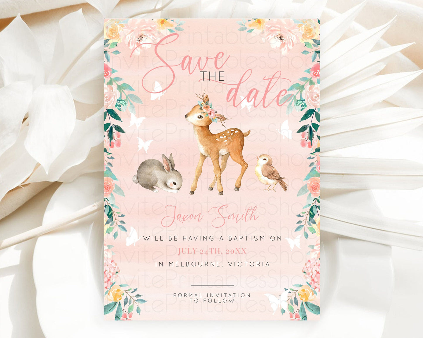 Fawn Deer Save The Date Template Pastel Floral Deer Enchanted Forest Butterfly Party 1st Birthday Baptism Baby Shower Bridal Shower D10921