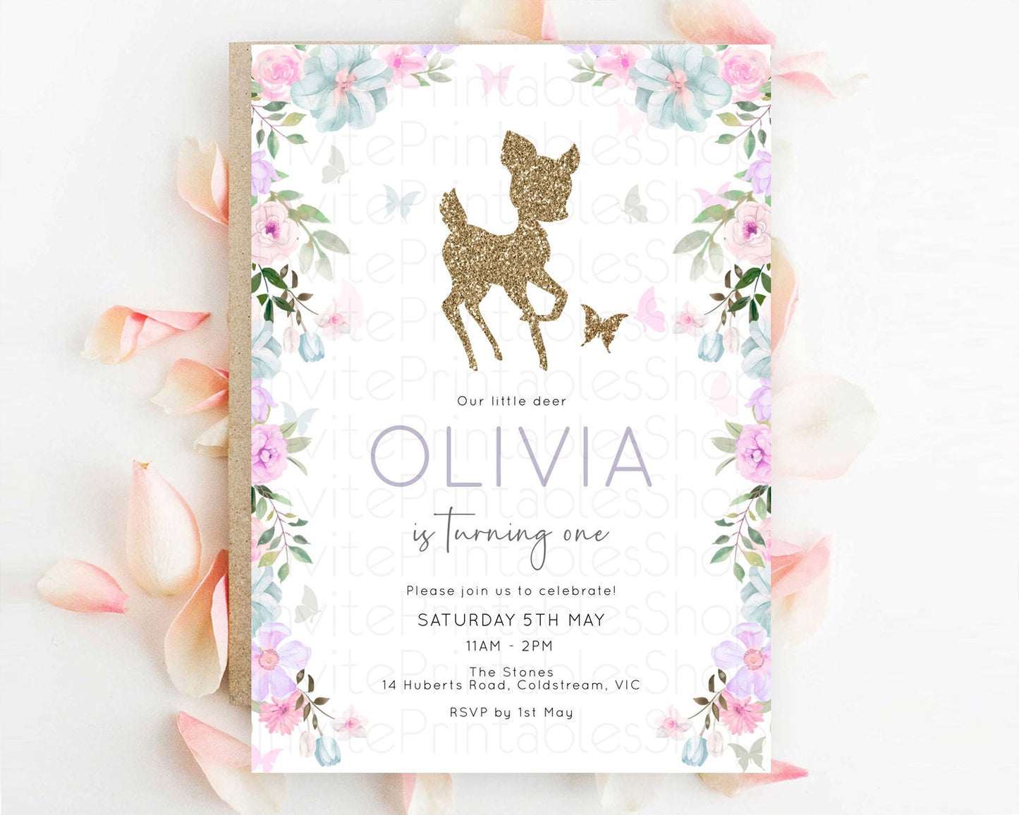 Fawn Birthday Invitation Deer Birthday Invitation Enchanted Forest Party Butterfly Pastel Flowers Whimsical 2nd 1st First Birthday D10476