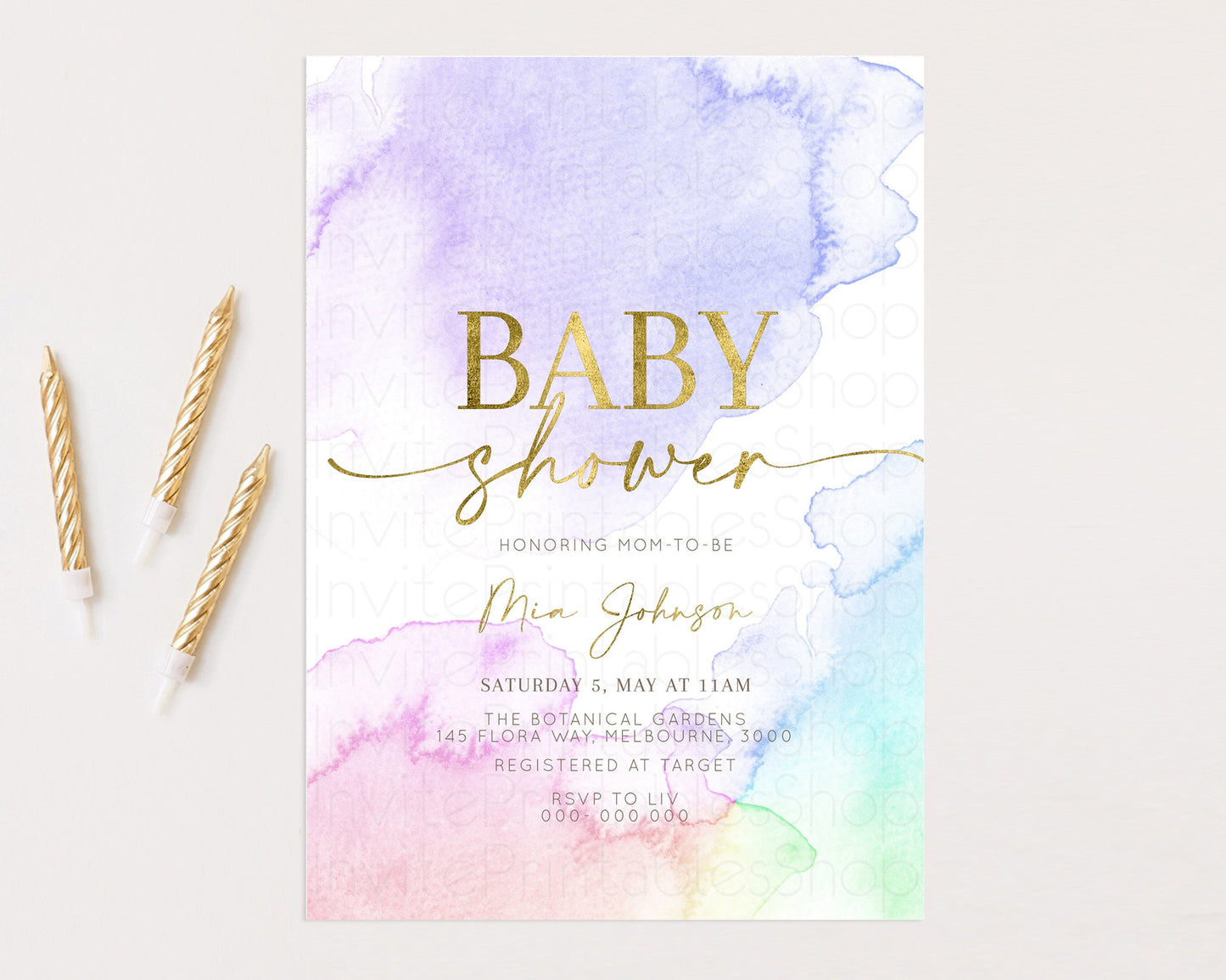 Rainbow Baby Shower Invitation Pastel Watercolor Invitation Ombre Splash Invite Glitter Confetti Sprinkles Colorful Gender Neutral 193