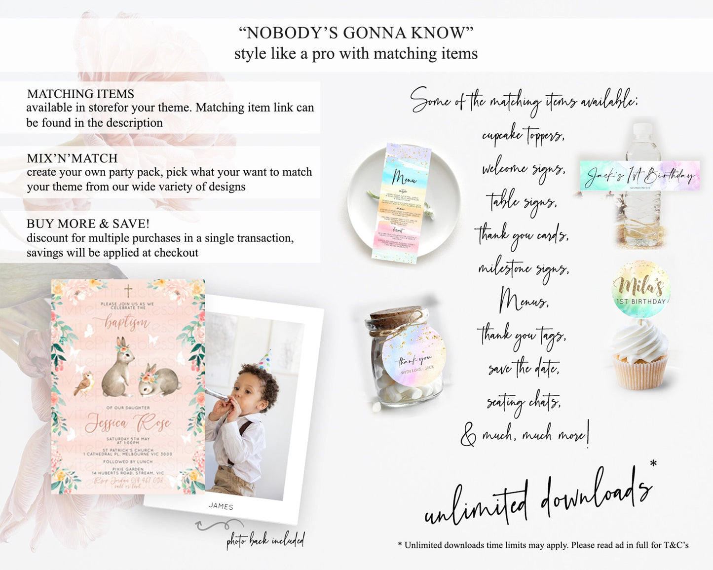 Bunny Baptism Invitation Floral Bunny Baptism 1st Birthday Invitation Pastel Bunny Christening Invite Watercolor Forest Bunny Party  D10922