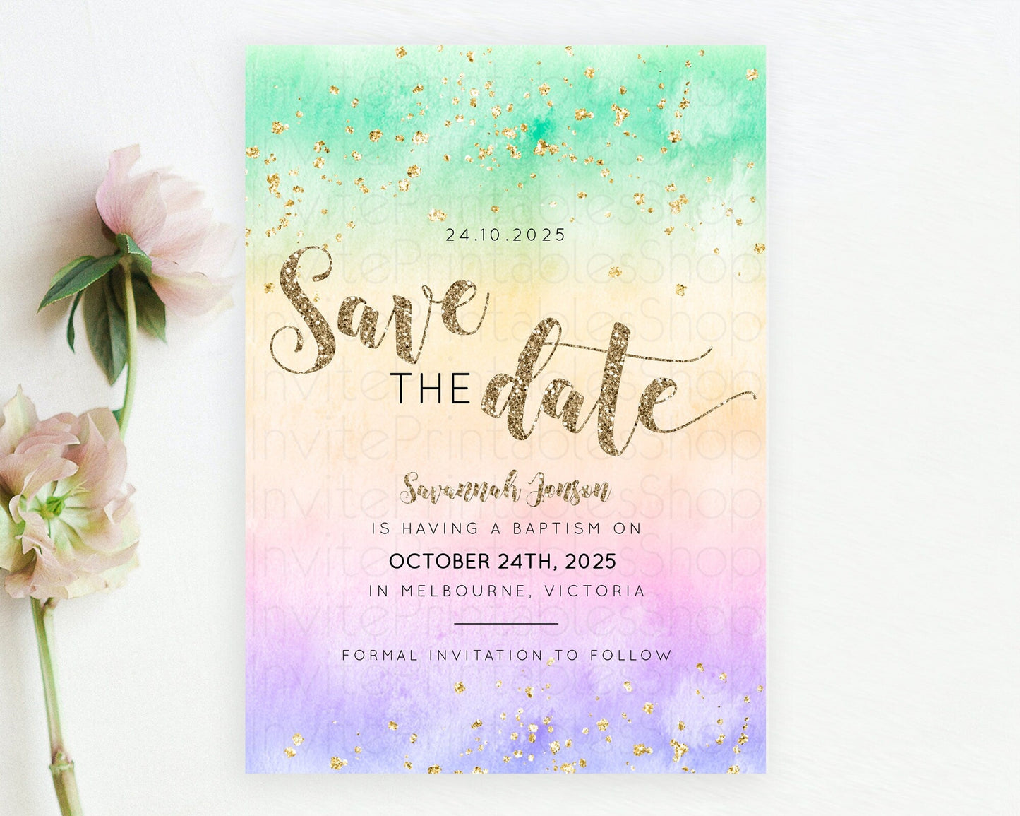 Pastel Save The Date Template Pastel Ombre Rainbow Watercolor Colorful Party For Birthday Baptism Baby Shower Wedding Bridal Shower D10478