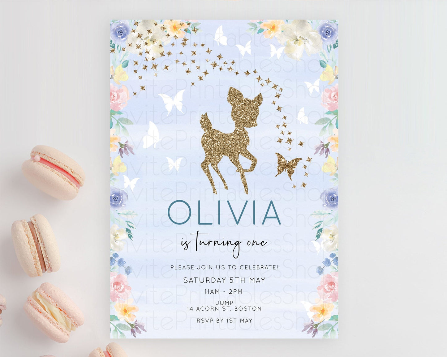 Fawn Birthday Invitation Deer Birthday Invitation Enchanted Forest Party Butterfly Pastel Flowers Whimsical 2nd 1st First Birthday D10879