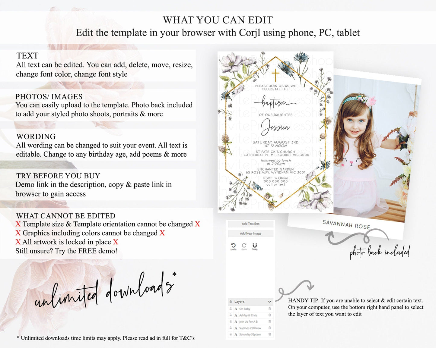 Secret Garden Baptism Invitation Wildflower Baptism Birthday Invite Pastel Flowers Christening Invite Enchanted Garden Boho Floral D11002