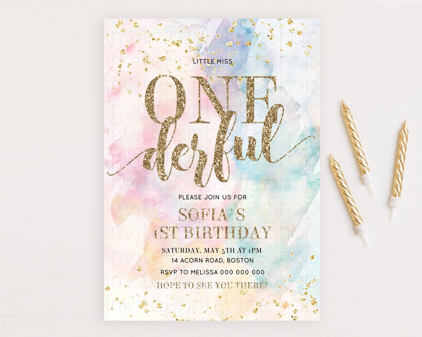 ONEderful Rainbow Birthday Invitation Colorful Pastel Watercolor Invitation Gold Glitter Sprinkles Ombre Pastel 1st Birthday D10264