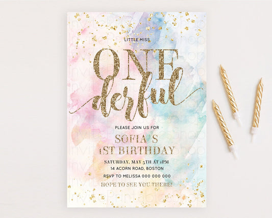 ONEderful Rainbow Birthday Invitation Colorful Pastel Watercolor Invitation Gold Glitter Sprinkles Ombre Pastel 1st Birthday D10264