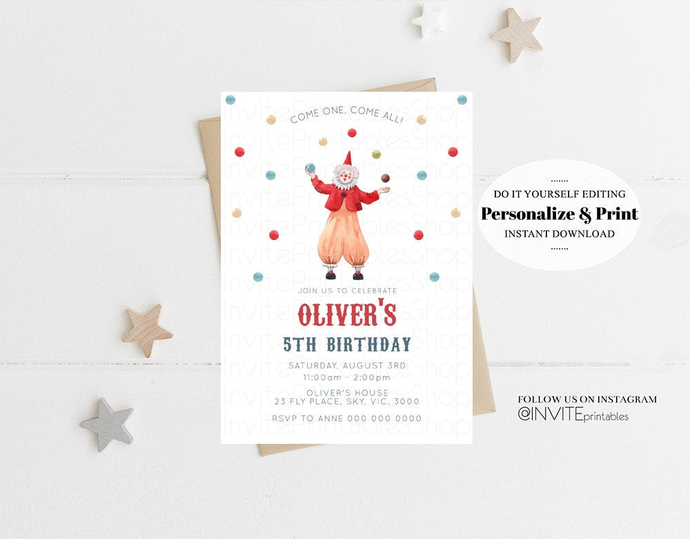 Circus Birthday Invitation Circus Clown Invite Come One Come All Circus Tent Jester Tricks Juggling Balls Ringmaster Colorful Red Blue