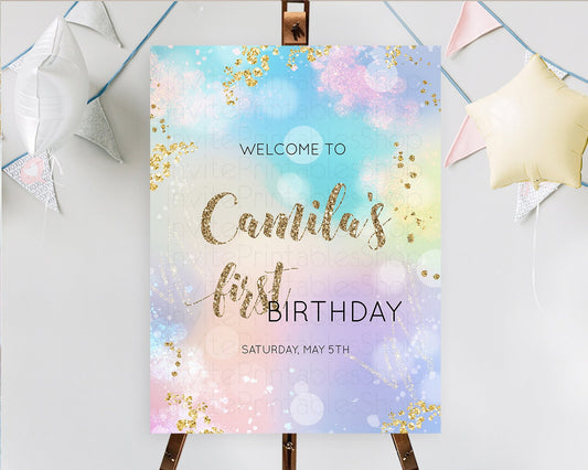 Pastel Welcome Sign Pastel Rainbow Welcome Sign Colorful Rainbow Confetti Watercolor Glitter Pastel First Birthday Welcome Sign D10677