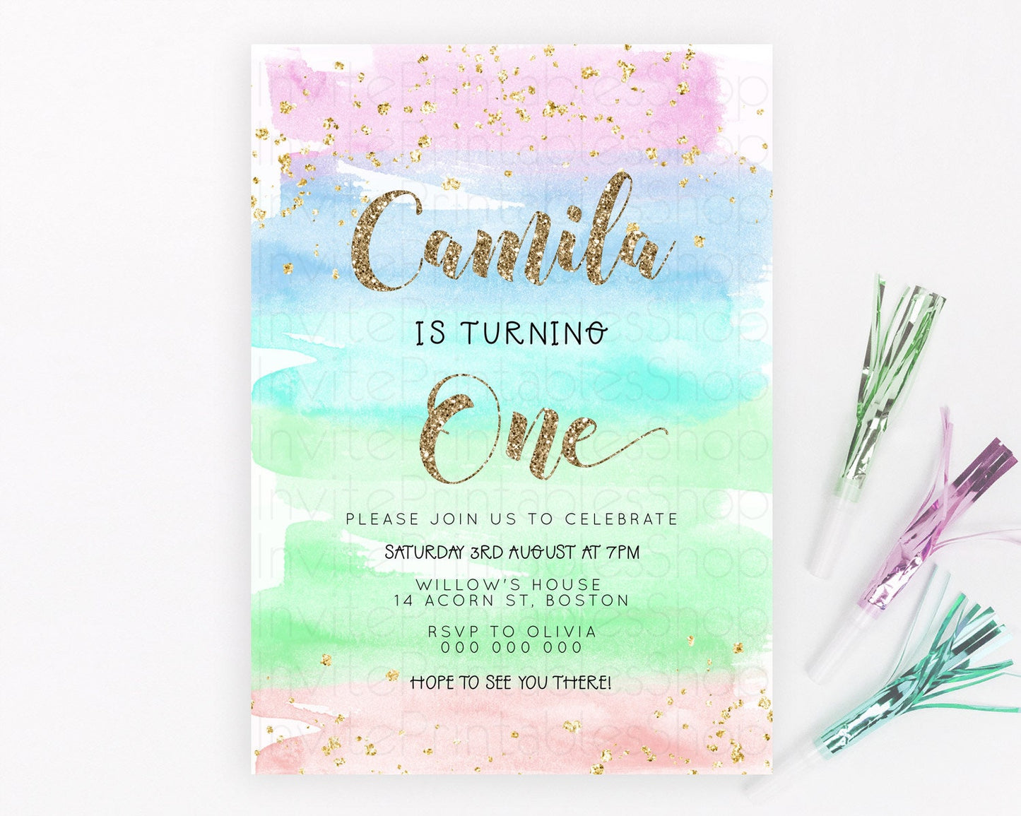 Rainbow Birthday Invitation Colorful Pastel Watercolor Invitation Gold Glitter Sprinkles Ombre Pastel 1st 2nd 3rd Birthday D23273