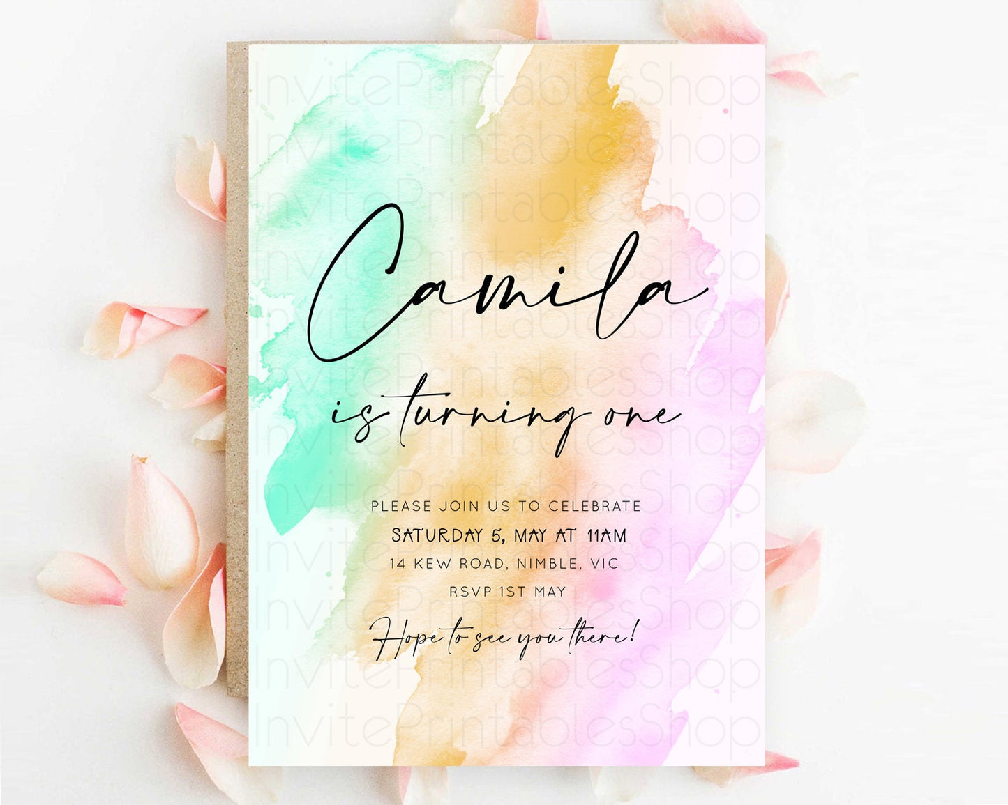Rainbow Birthday Invitation Colorful Pastel Watercolor Invitation Gold Glitter Sprinkles Ombre Pastel 1st 2nd 3rd Birthday D10962