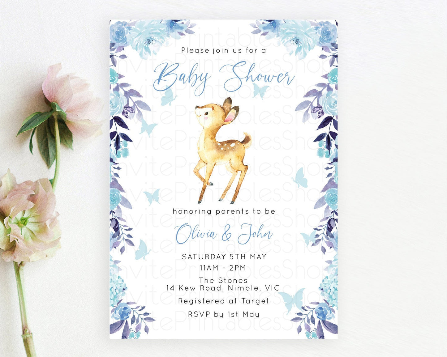 Enchanted Forest Baby Shower Invitation: Secret Garden Fawn, Deer, Butterflies, and Blue Flowers - Whimsical Woodland Theme D10917