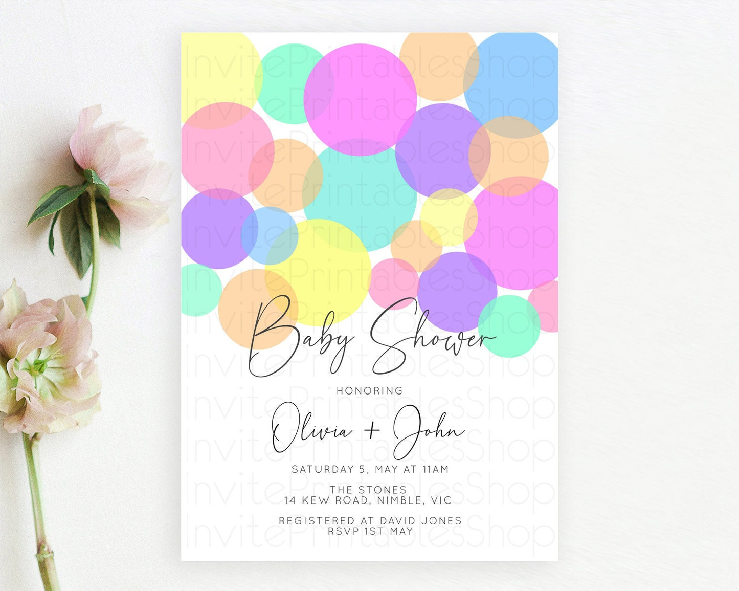 Rainbow Confetti Baby Shower Invitation, Pastel Rainbow Theme Colorful Sprinkles, Bubbles - Purple, Blue, Green, Pink, Orange, Yellow D10888