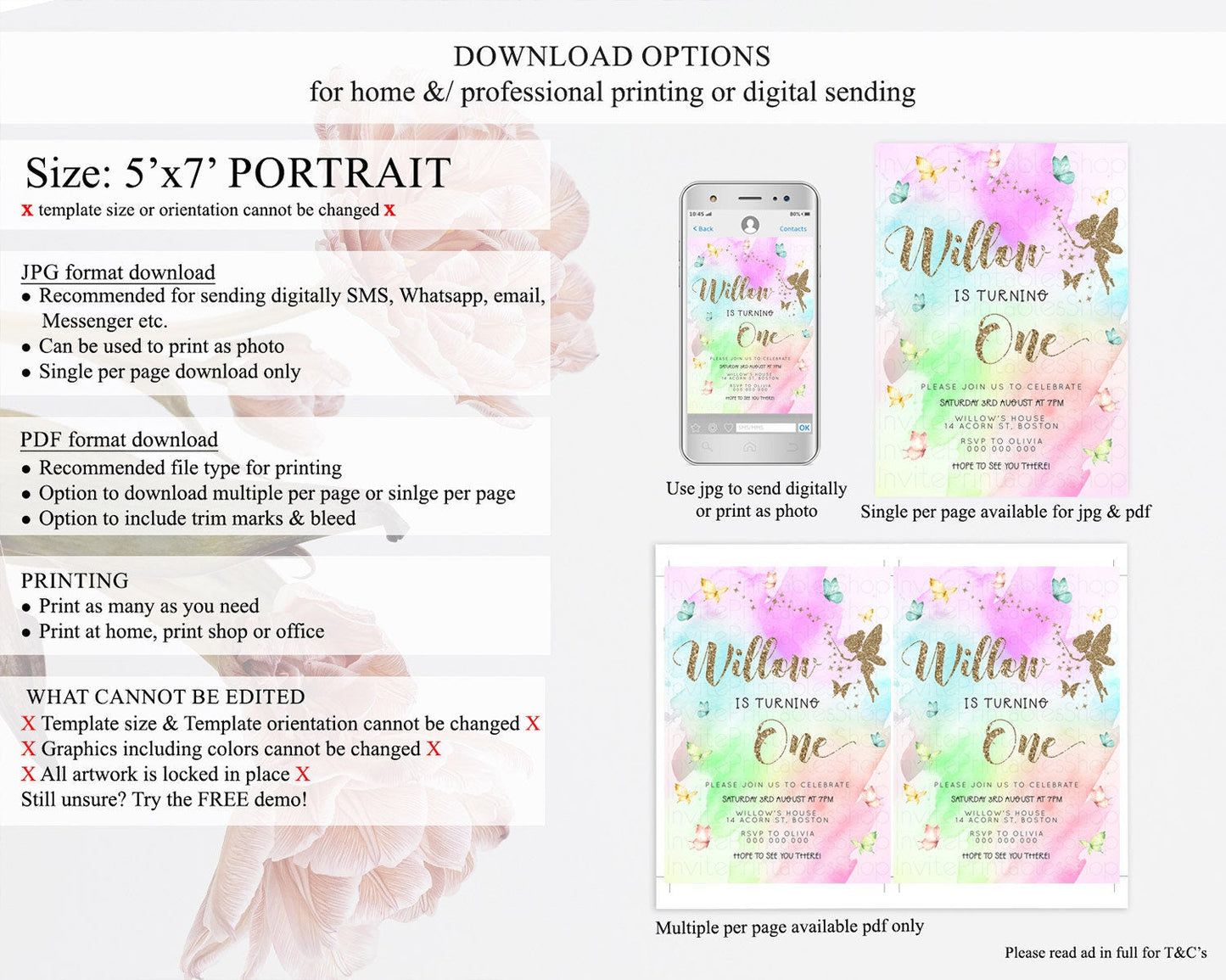 Pastel Fairy Birthday Invitation Pastel Butterflies Fairy Birthday Invitation Rainbow Ombre Watercolor 1st 2nd Birthday Invitation D23350