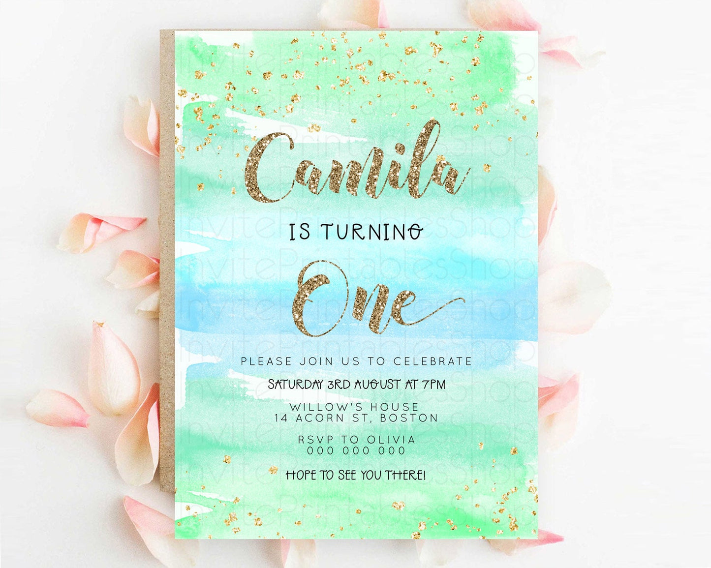 Green Birthday Invitation green Watercolor Invitation Pastel green Watercolor Invitation green Splash Gold Invitation First Birthday D23276