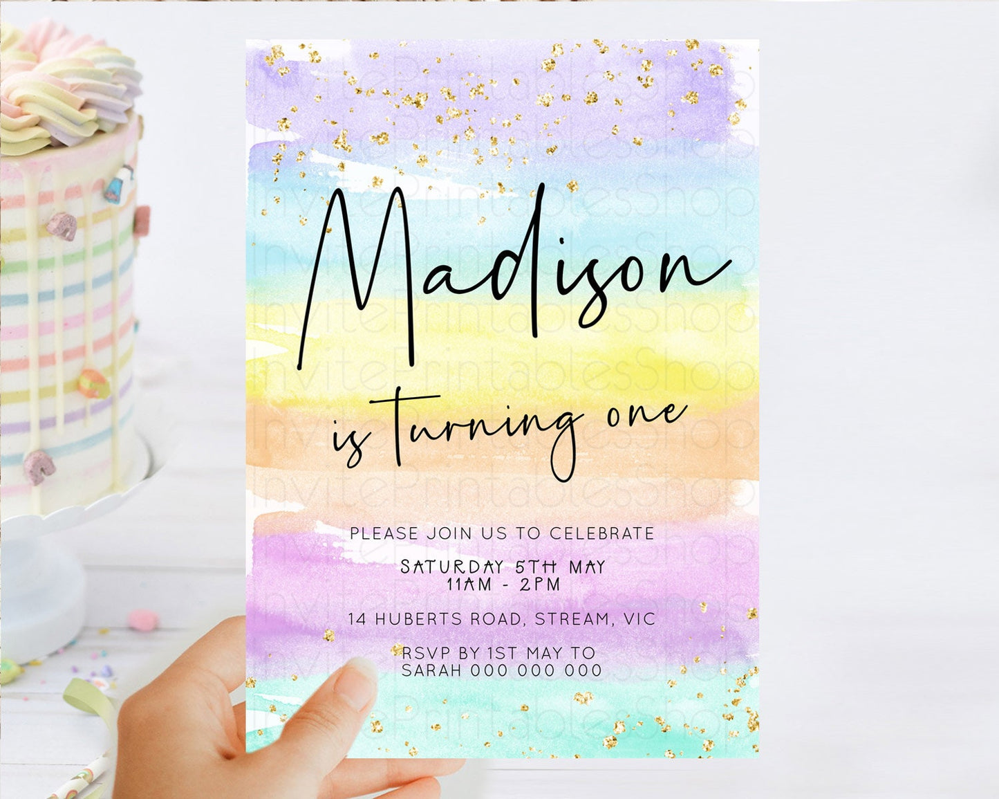 Pastel Birthday Invitation Ombre Watercolor Birthday Invitation Glitter Rainbow Color Splash 1st 2nd 3rd Birthday Invitation D23037