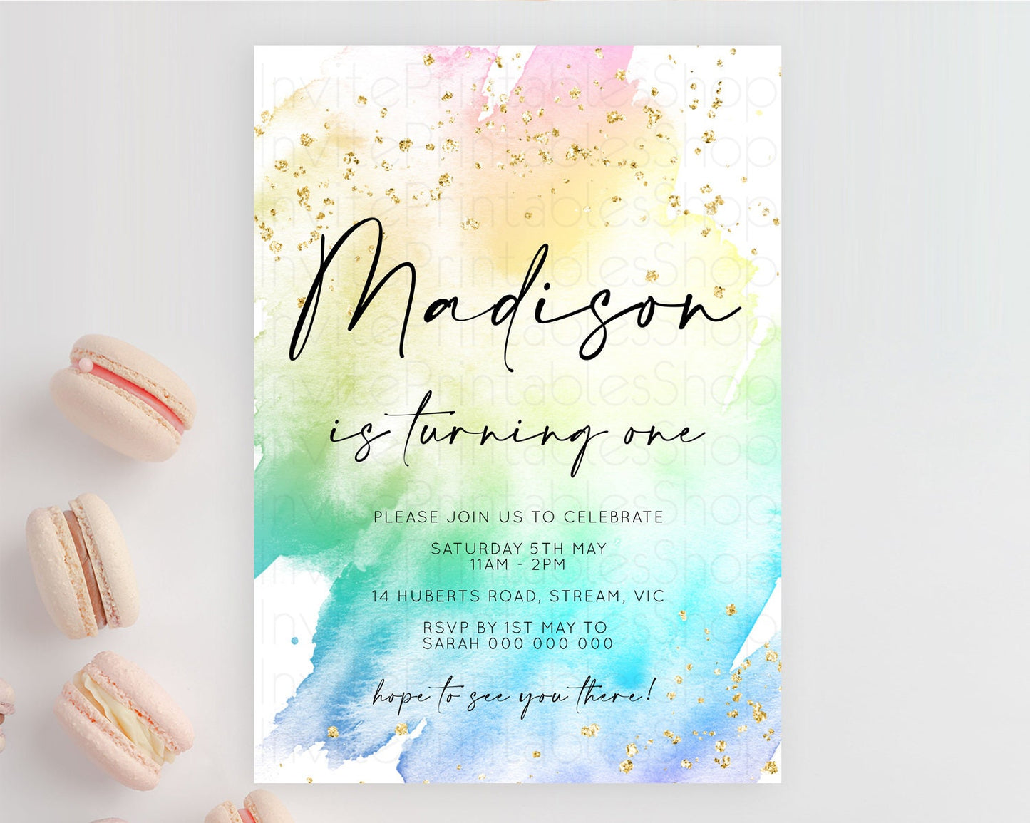 Rainbow Birthday Invitation Colorful Pastel Watercolor Invitation Gold Glitter Sprinkles Ombre Pastel 1st 2nd 3rd Birthday D11028