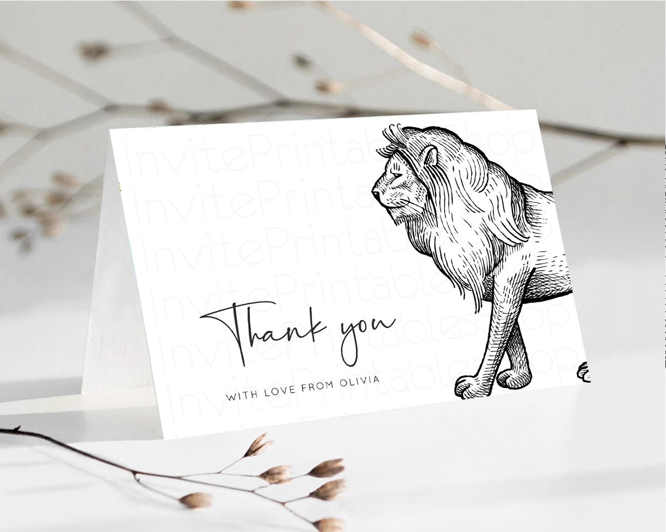 Lion Thank You Card Simple White Lion Wild One Safari Jungle Zoo Theme Foldable Card Tent Flat Postcard Detail Insert Card Birthday t249