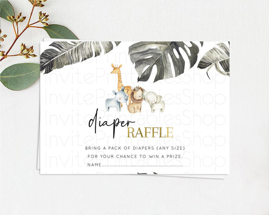 Safari Diaper Raffle Card Safari Diaper Raffle Insert Lion Gorilla Elephant Rhino Diaper Ticket Tropical Palm Zoo Raffle Game D10599