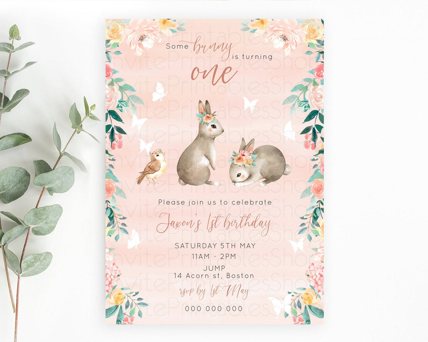 Bunny Birthday Invitation Floral Bunny Invitation Pastel Bunny Invites Pastel Watercolor Woodland Bunny Party 2nd 1st First Birthday D10922