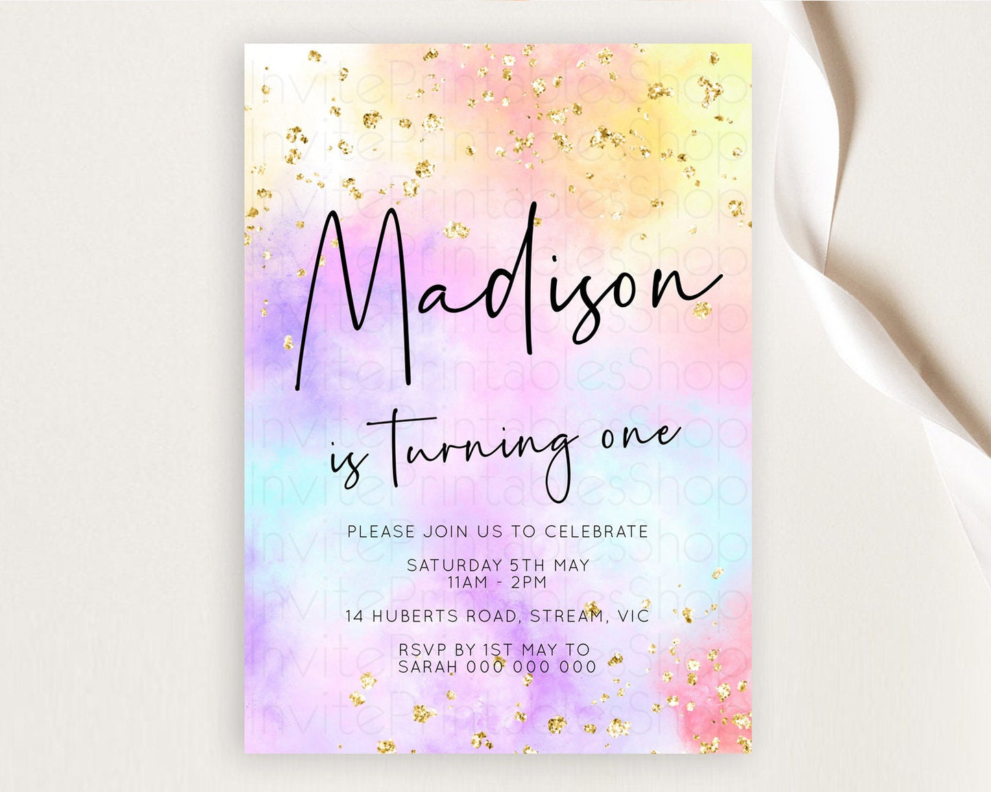 Rainbow Birthday Invitation Colorful Pastel Watercolor Invitation Gold Glitter Sprinkles Ombre Pastel 1st 2nd 3rd Birthday D10438