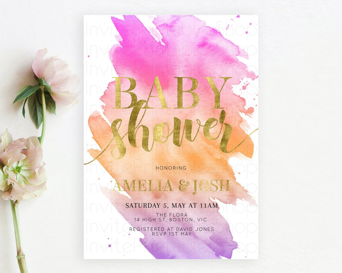 Pastel Baby Shower Invitation Rainbow Baby Shower Invitation Colorful Pastel Watercolor Invitation Gold Glitter Sprinkles Ombre D10488