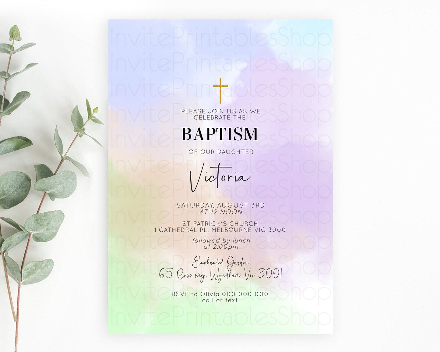 Pastel Baptism Invitation Pastel Colors Watercolor Baptism 1st Birthday Party Gold Ombre Pastel Rainbow Christening Holy Communion D10371