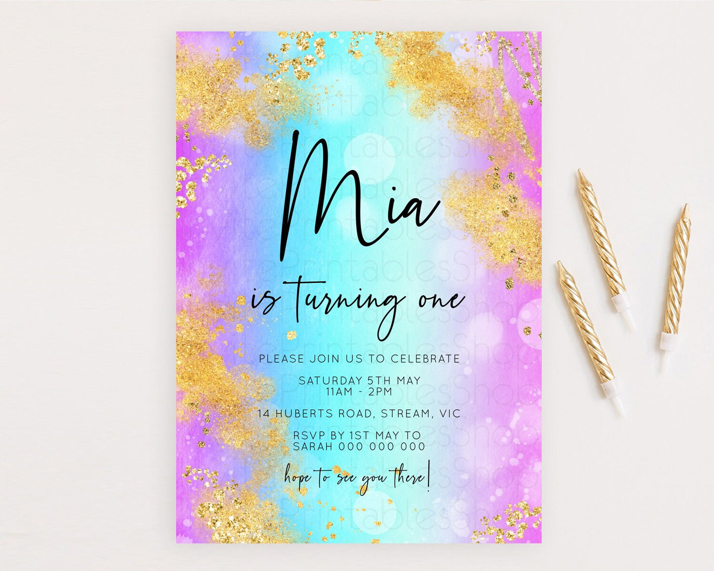 Rainbow Birthday Invitation Colorful Pastel Watercolor Invitation Gold Glitter Sprinkles Ombre Pastel 1st 2nd 3rd Birthday D10564