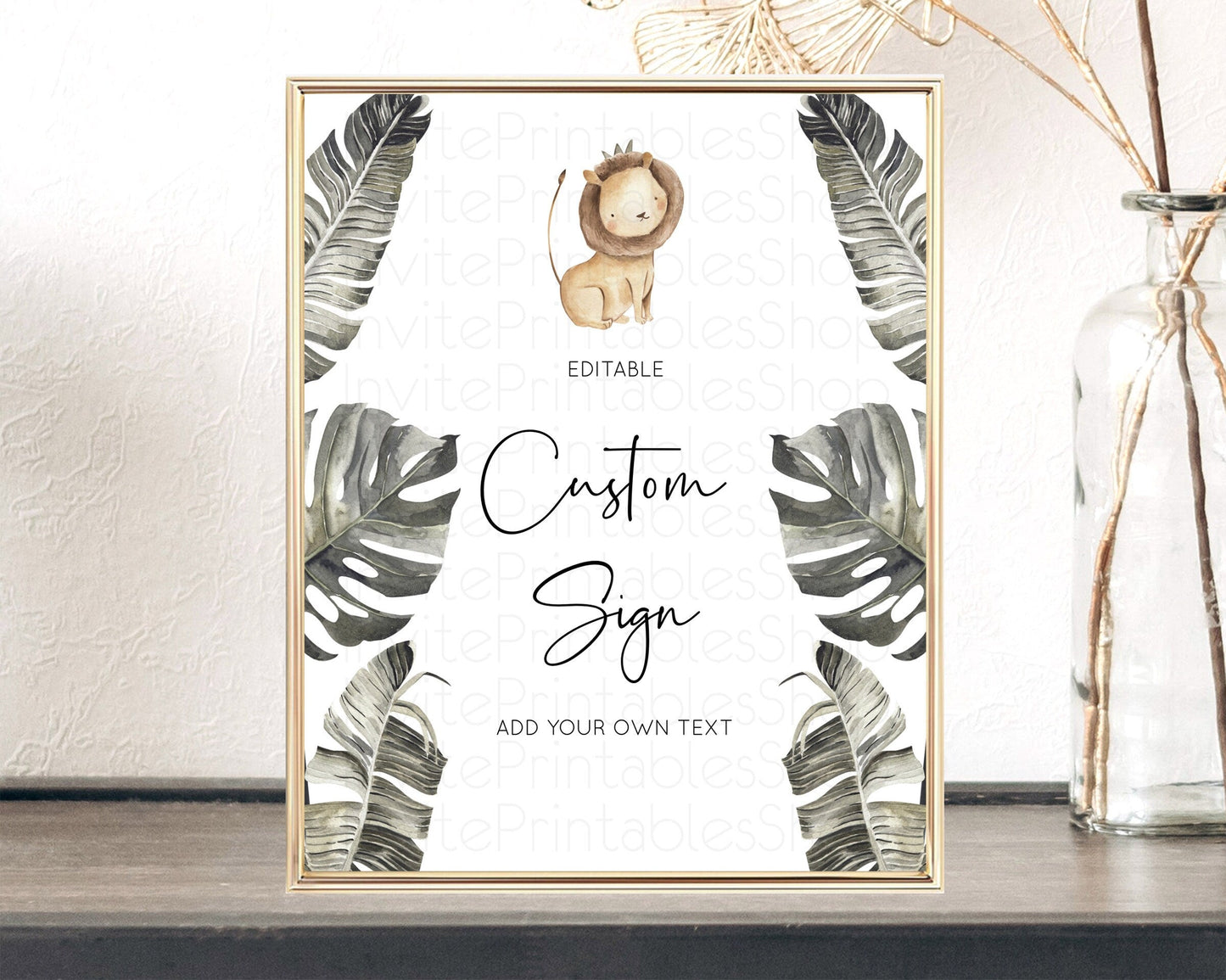 Lion Table Sign Decor Lion Safari Adventure Party Dried Palm Ferns Zoo 1st Birthday Baptism Baby Shower Bridal Shower Wedding D10599