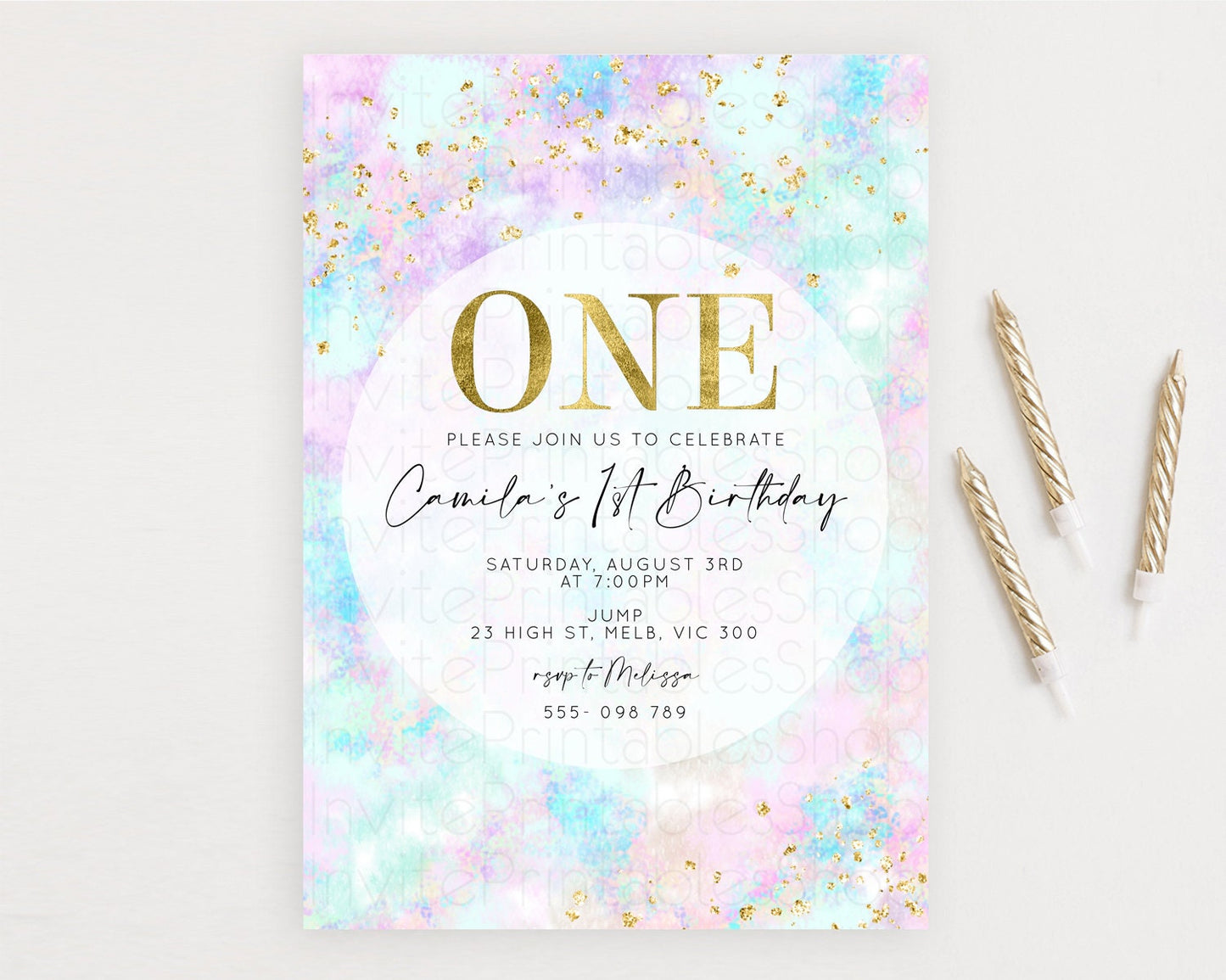 Rainbow Birthday Invitation Colorful Pastel Watercolor Invitation Gold Glitter Sprinkles Ombre Pastel 1st 2nd 3rd Birthday D10652