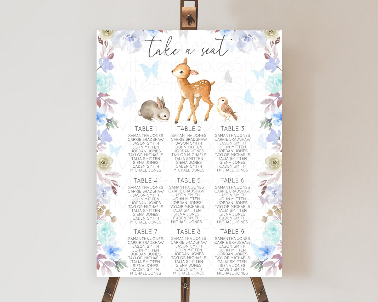 Fawn Seating Chart Deer Seating Chart Enchanted Forest Party Butterfly Pastel Flowers Whimsical Seating Chart Woodland Seating Sign D10929