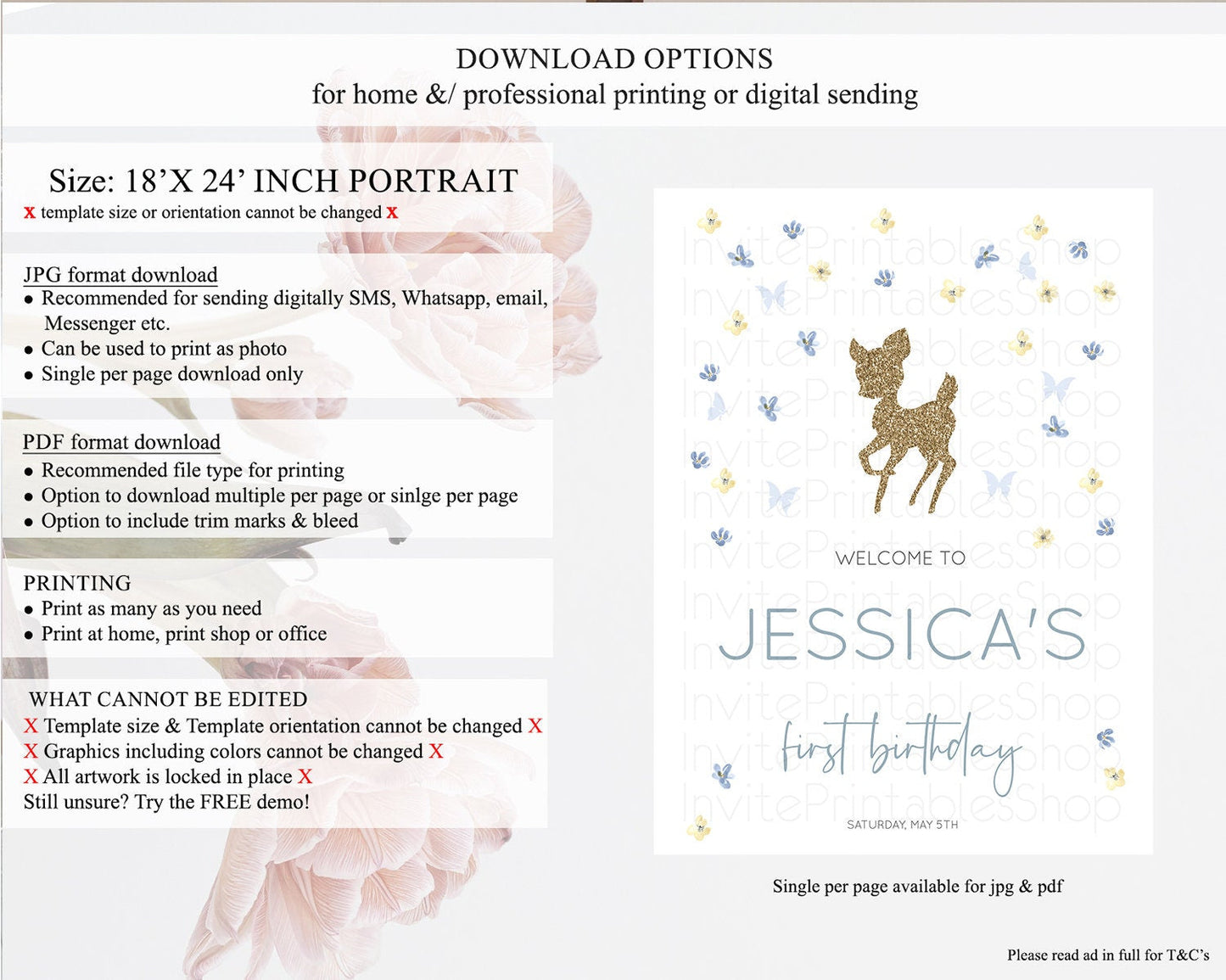 Fawn Welcome Sign Deer Welcome Board Floral Deer Welcome Poster Enchanted Forest Butterfly Pastel Floral First Birthday Welcome Sign D10864