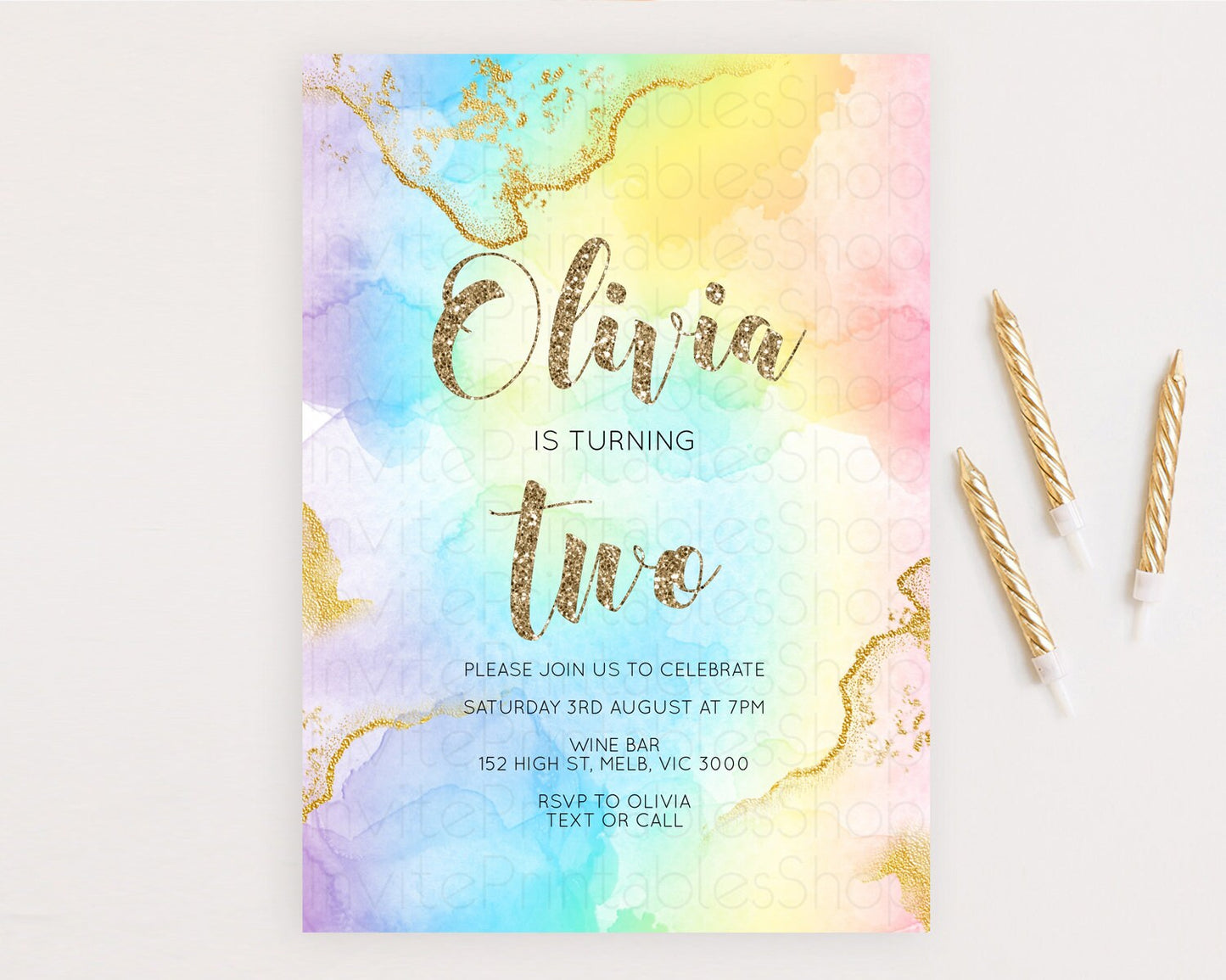 Rainbow Birthday Invitation Colorful Pastel Watercolor Invitation Gold Glitter Sprinkles Ombre Pastel 1st 2nd 3rd Birthday D10589