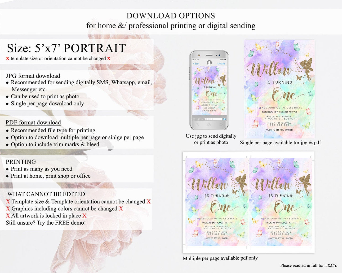 Pastel Fairy Birthday Invitation Pastel Butterflies Fairy Birthday Invitation Rainbow Ombre Watercolor 1st 2nd Birthday Invitation D23344