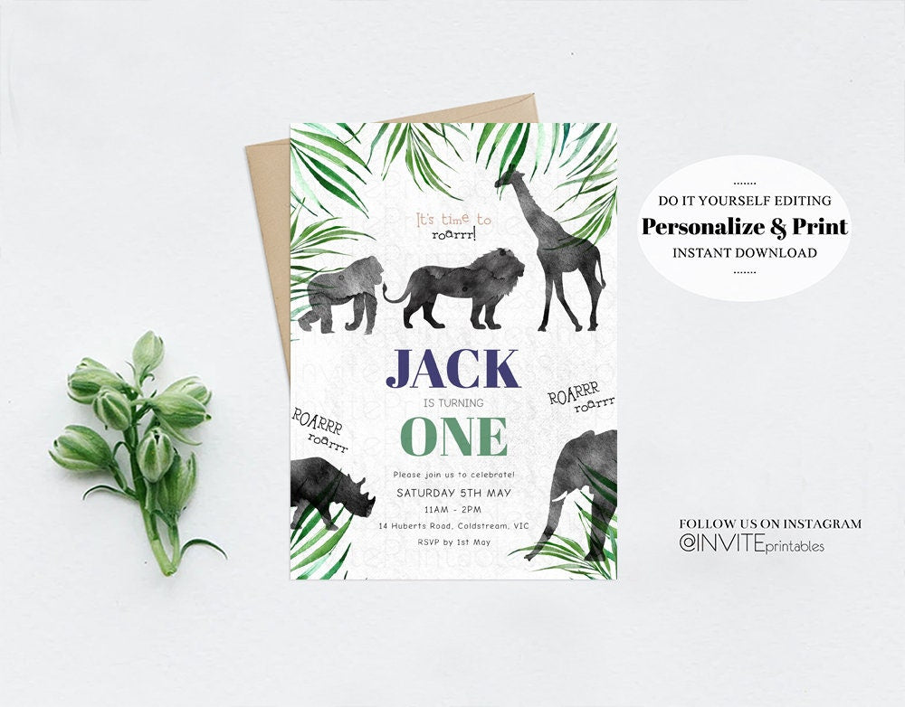 Jungle Birthday Invitation Lion Gorilla Elephant Rhino Tropical Palm Jungle Safari African Adventure Zoo Party Wild Party Animal Custom