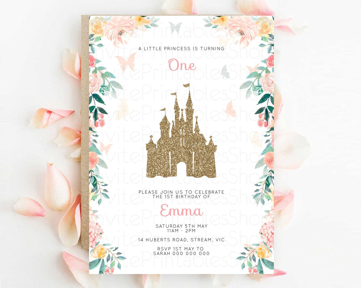 Princess Birthday Invitation Castle Invitation Royal Birthday Fairy Tale Enchanted Castle Pastel Floral Garden 1st First Birthday D10429