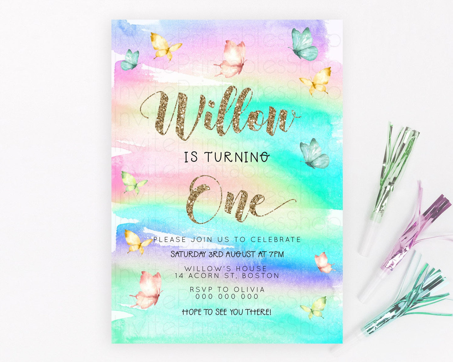 Pastel Butterfly Birthday Invitation Butterfly Birthday Invitation Colorful Splash Glitter Butterfly Garden 1st 2nd Birthday D23214