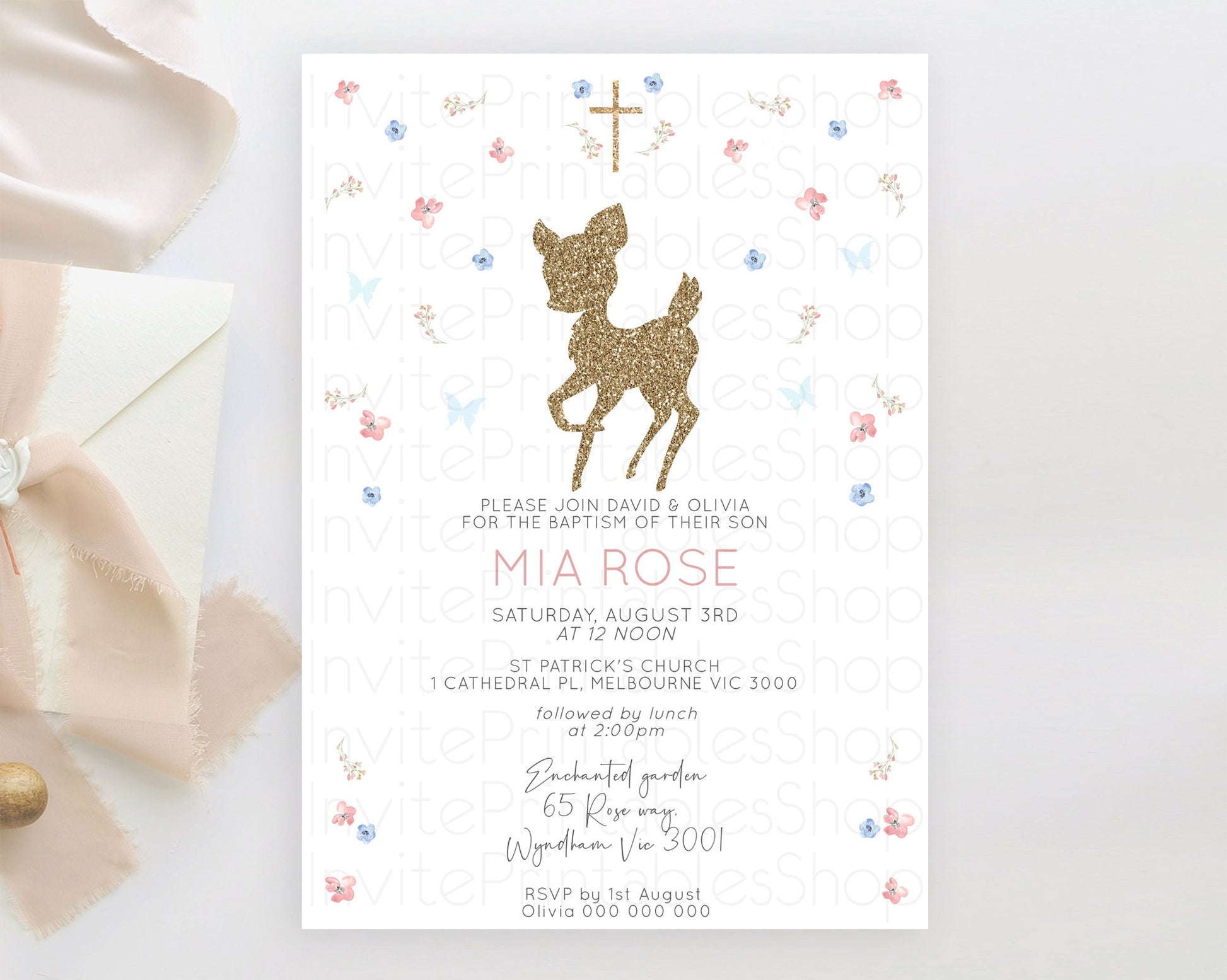 Editable Fawn Baptism Invitation Deer Baptism 1st Birthday Invitation Enchan